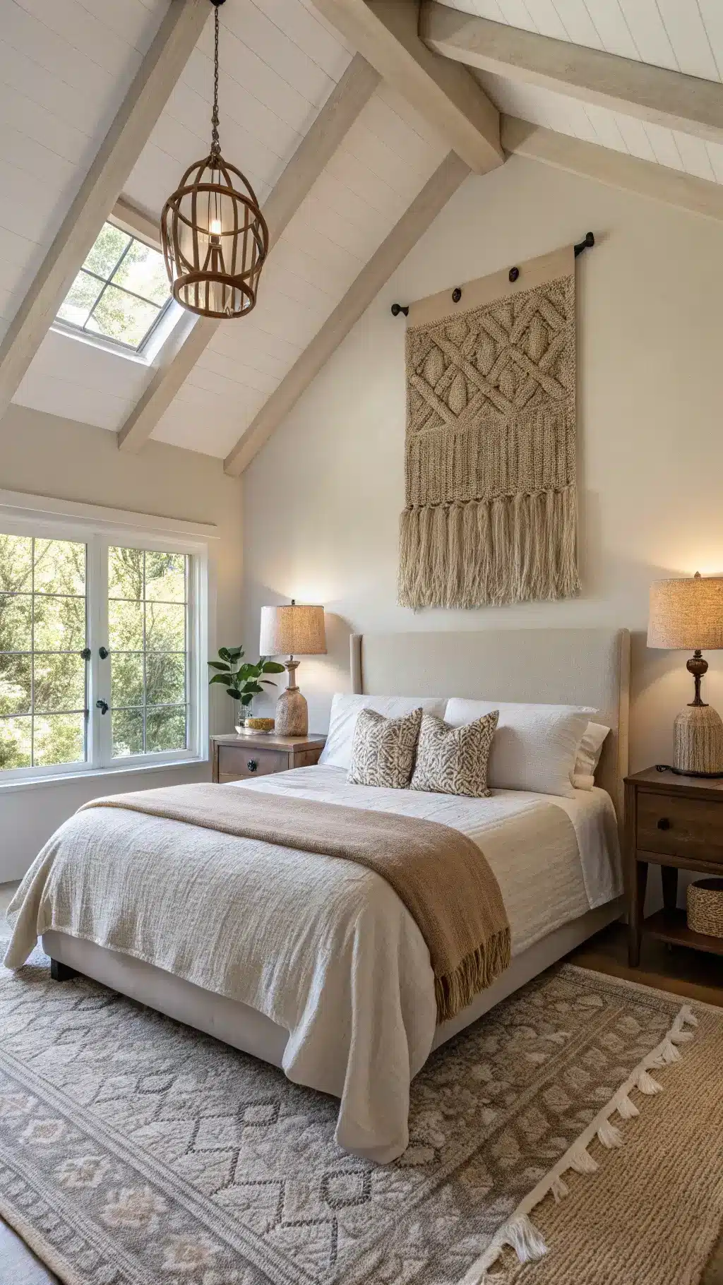 Sunlit 10x12ft guest bedroom with vaulted ceiling, clay-colored stonewashed linen bed, handwoven wall hanging, ceramic table lamps with linen shades, and a sheepskin throw adding texture.