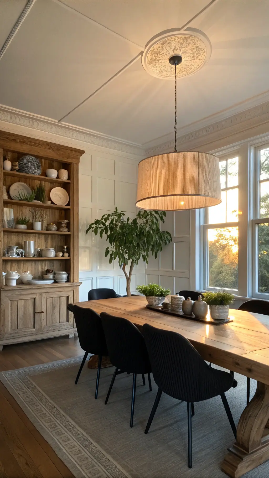 Elegant dining room at sunset featuring an oak table with black chairs, lit by an oversized linen pendant with ceramics displayed on a floating shelf, and a fiddle leaf fig in the corner.