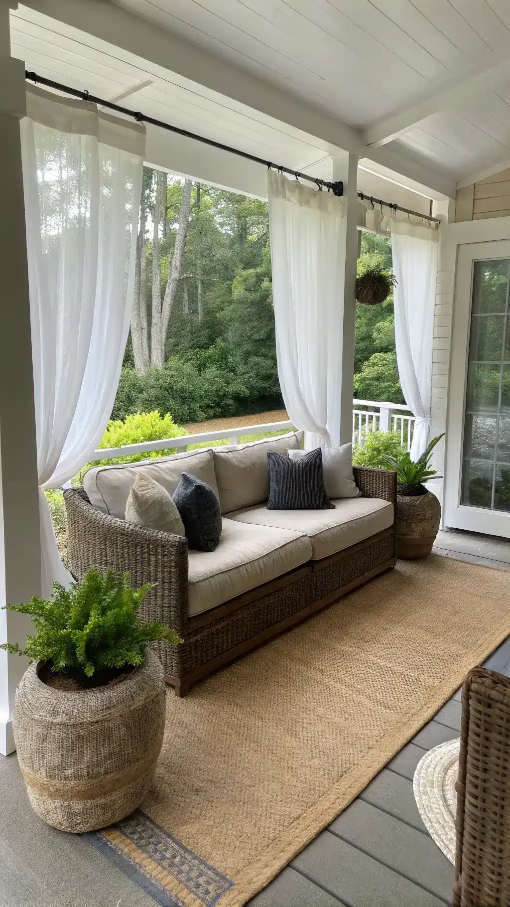Screened porch with wicker sofa and concrete side tables adorned with succulent planters, overlooking lush garden, under soft natural light filtered by gauzy white curtains.