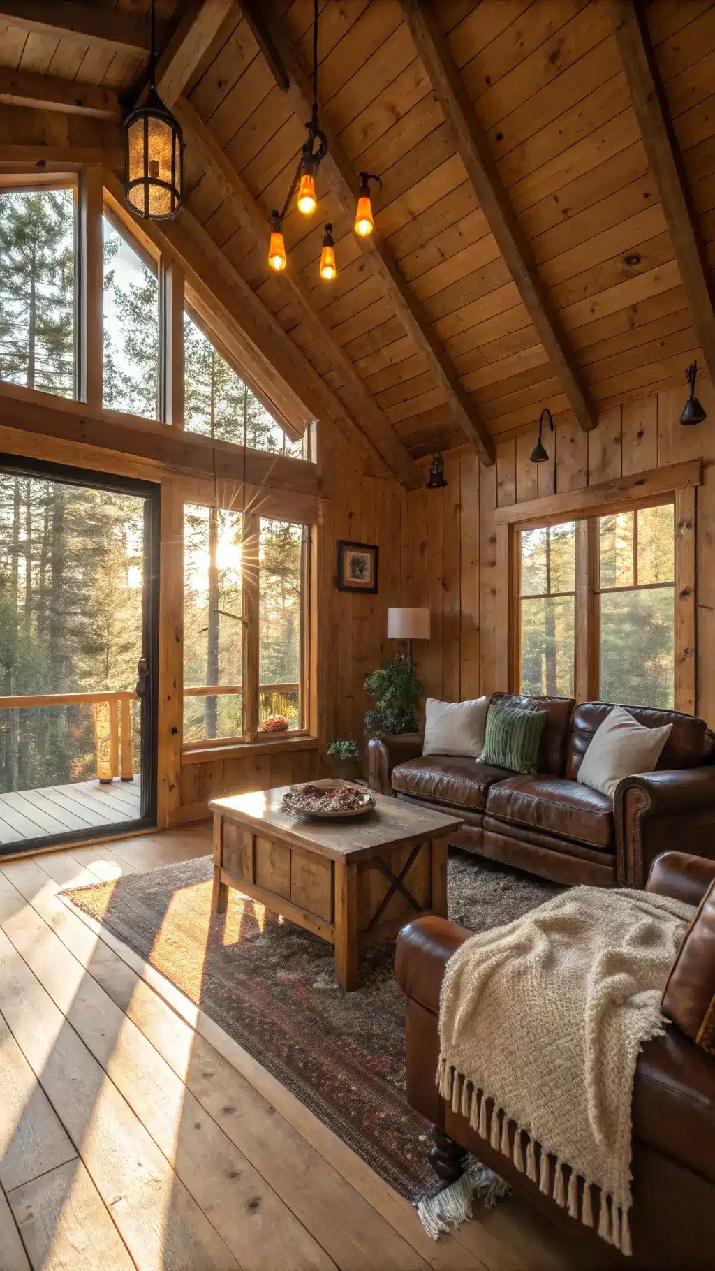 Golden hour view of a rustic cabin living room with exposed wooden beams, floor-to-ceiling windows, plush leather armchair, reclaimed wood coffee table, and knotty pine walls highlighted by Edison bulb pendant lights. The room is decorated with vintage copper accents, forest green velvet pillows and layered earth-toned wool rugs.