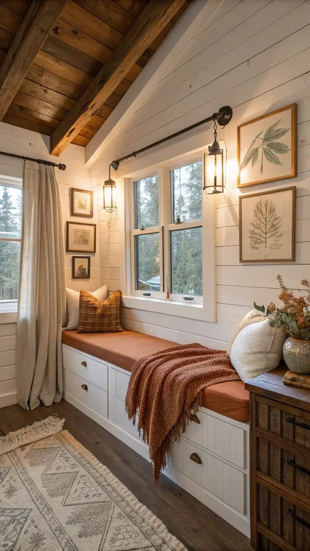 Cozy cabin nook with built-in window seat, white-washed walls, botanical gallery wall, and accents of rust orange and brass under natural blue hour light.