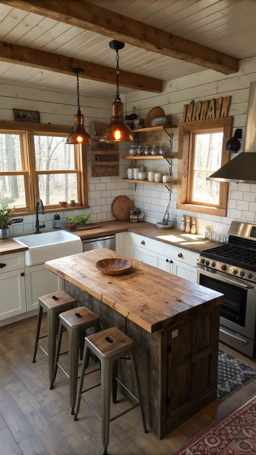 High-angle view of rustic kitchen in morning light with compact island, reclaimed barn wood top, industrial metal stools, open shelving with pottery, farmhouse sink, copper pendant lights, subway-tiled walls, vintage cutting boards and cast iron cookware.