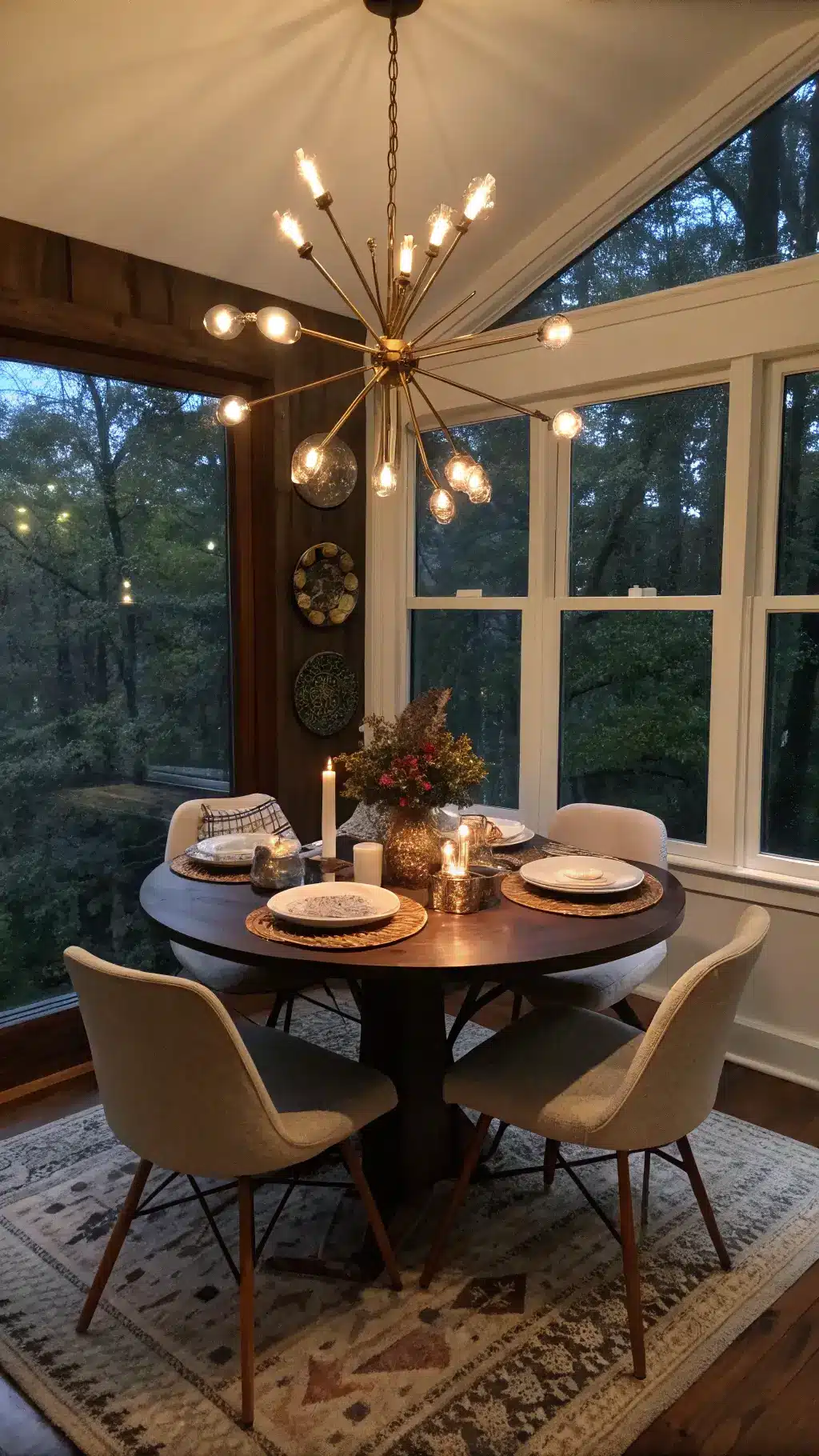 Intimate dining nook at dusk with a dark walnut table, vintage chairs, a modern chandelier, handcrafted ceramics, linen napkins, and a centerpiece of brass candlesticks and dried botanicals against a forest view.