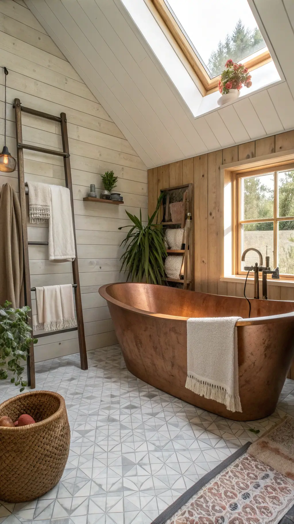 Modern rustic bathroom illuminated by morning light featuring a freestanding copper tub, shiplap walls, geometric cement floor tiles, a floating vanity in weathered oak, aged brass fixtures, cream and terracotta Turkish towels, and organic plant life reflected in softly focused mirrors.