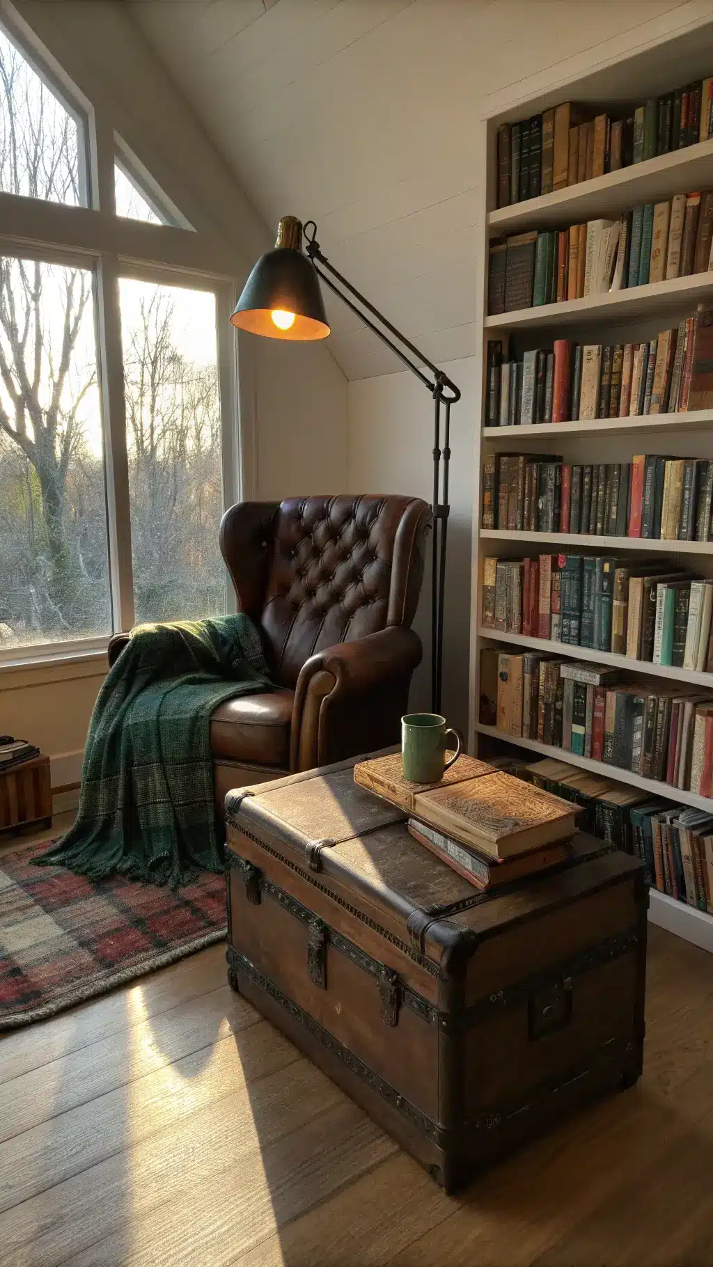 Cozy reading corner at sunset with leather armchair, floor-to-ceiling bookshelves, vintage trunk side table, arched floor lamp, and plaid wool throw in a warm, moody lighting