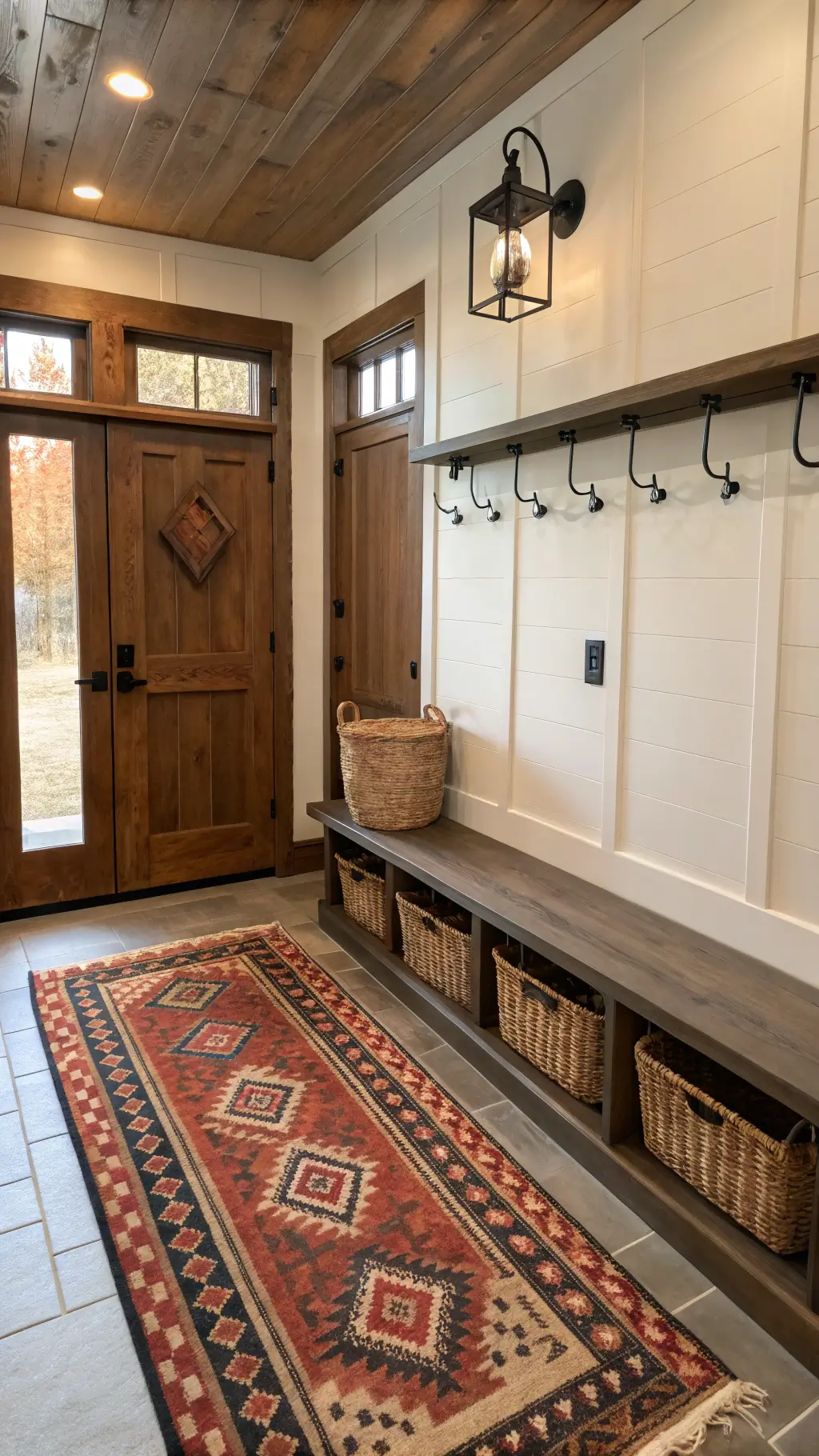 Late afternoon view of a rustic cabin entryway featuring a built-in bench with iron hooks, vintage kilim runner, wooden door with black hardware, and woven baskets underneath the bench. An industrial sconce illuminates the scene.
