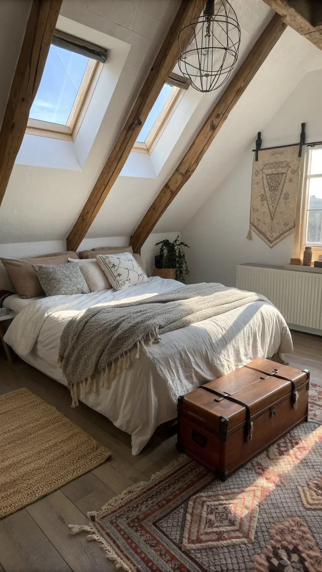 Bird's-eye view of a loft bedroom at sunrise with king bed in warm linen bedding, skylight, exposed beams, Moroccan rug, vintage trunk and macramé wall hanging