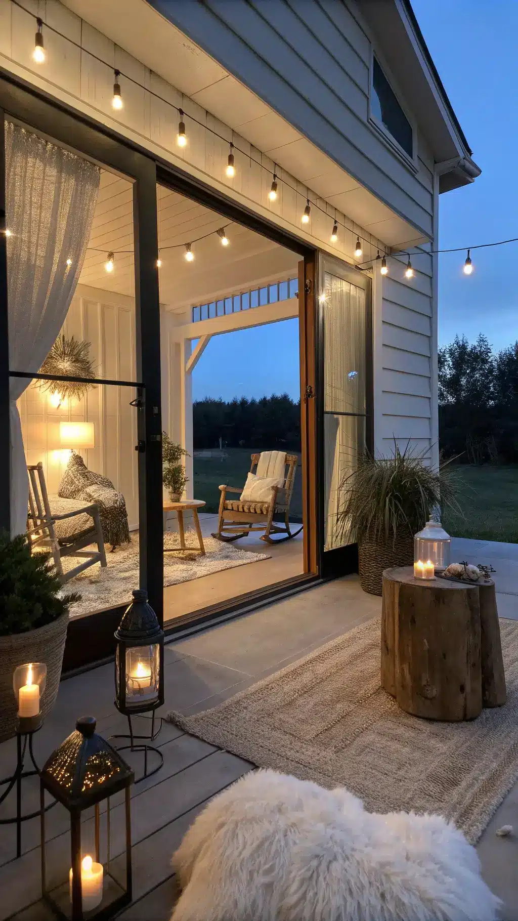 Twilight view of a covered porch with open barn doors, featuring rocking chairs covered in sheepskin, an iron table, string lights, potted evergreens and lanterns with flameless candles