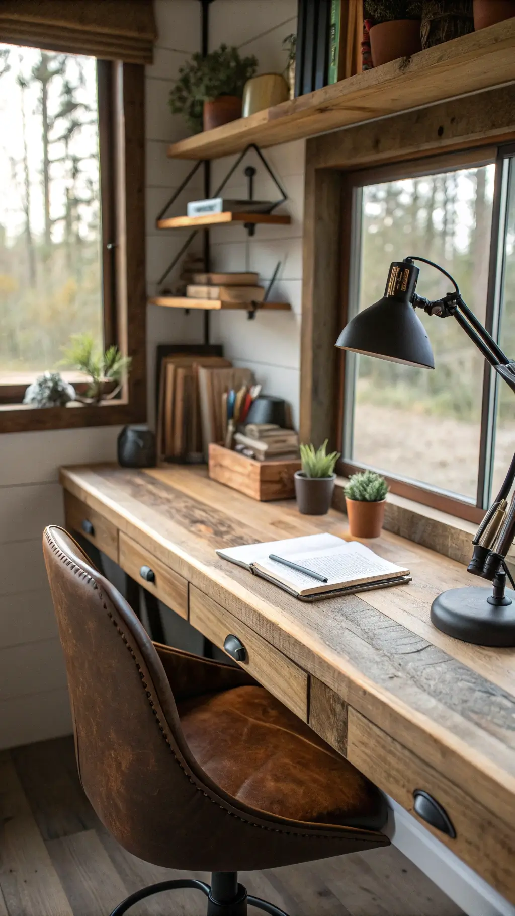 Midday cabin workspace corner with reclaimed wood desk, vintage chair, modern task lamp, and open shelving displaying ceramics and plants, highlighted by natural light