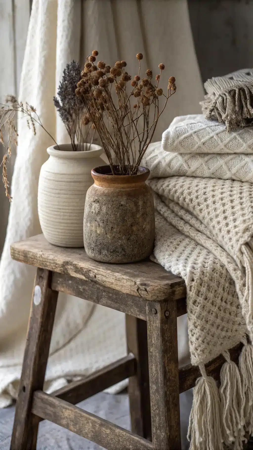 Winter home styling with stacked hand-knit wool throws, chunky ceramic vessels with dried botanicals on a vintage wooden stool, and heavy linen drapes filtering cool light. Detail view of textile weave and authentic materials for a cozy atmosphere.