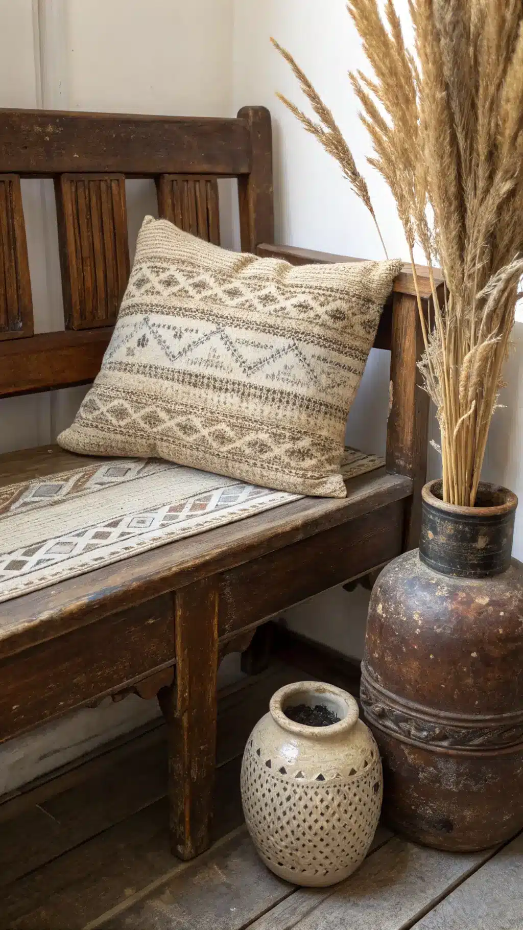 Vintage wooden bench with handwoven wool cushion, aged ceramic collection and dried grasses in an earthenware vase, highlighted by soft, diffused lighting.