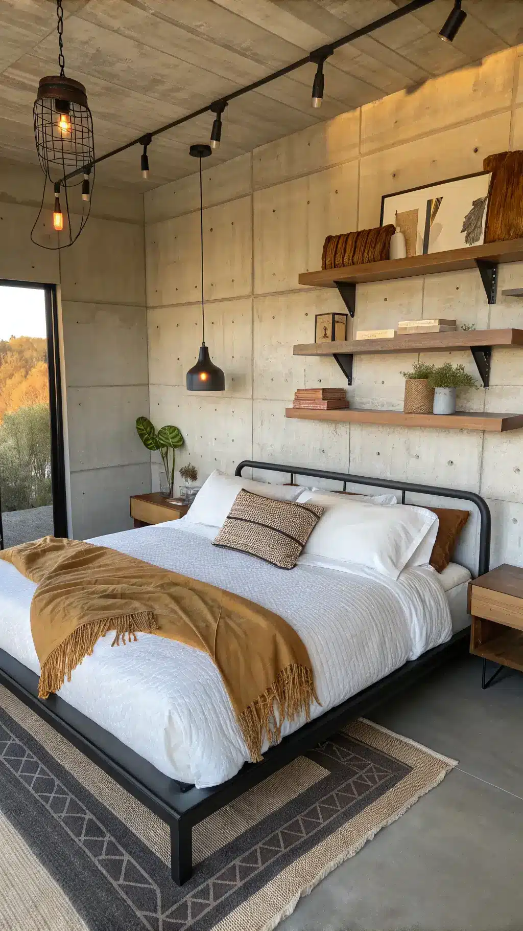 Rustic-modern styled bedroom with platform bed, concrete accent wall with wood shelves, and industrial pendant lights during golden hour.