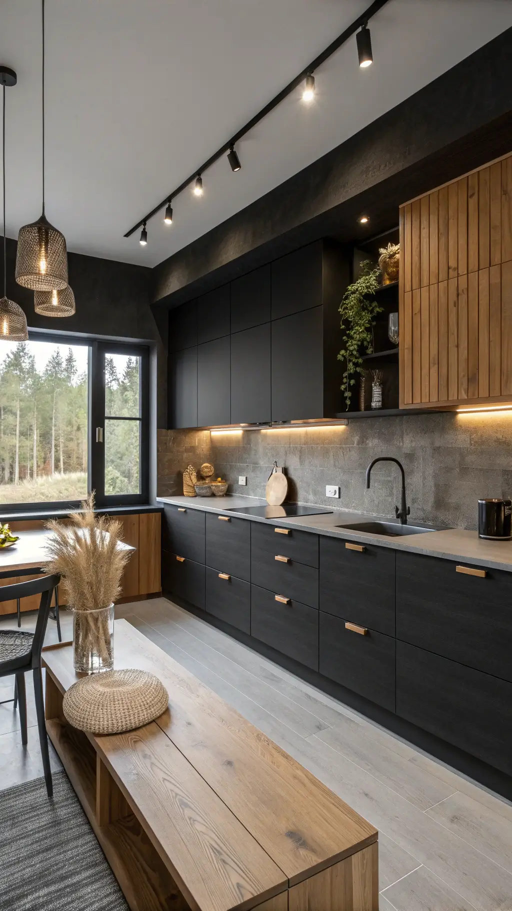 Scandinavian-style black kitchen at twilight, boasting a dramatic black accent wall, black and natural wood cabinets, pale concrete countertops, illuminated by modern globe pendants and LED lights, styled with pale cutting boards, white ceramics, and pampas grass, with a sheepskin draped on a black leather bench for a cosy touch.