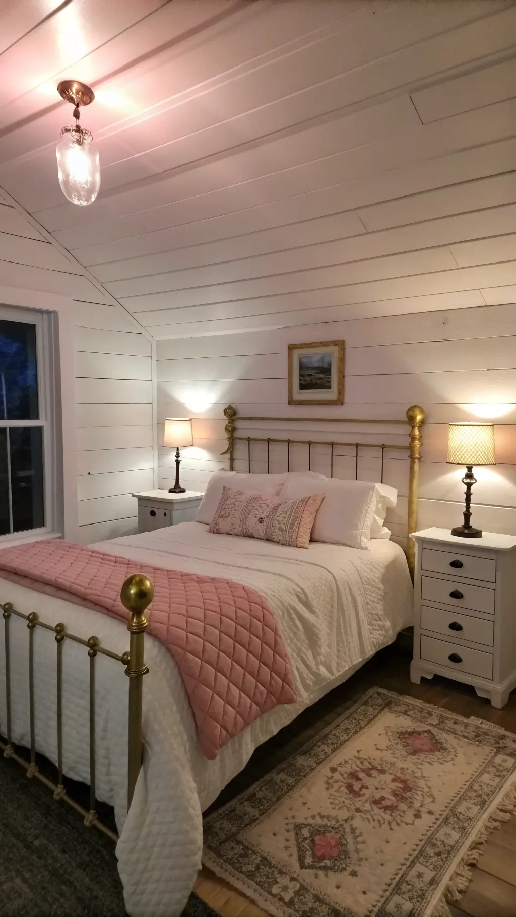 Vintage inspired 10x12ft guest bedroom with white shiplap walls, soft pink ceiling, a brass queen bed with white and pink linens, and mercury glass lamps on white nightstands, photographed at dusk.