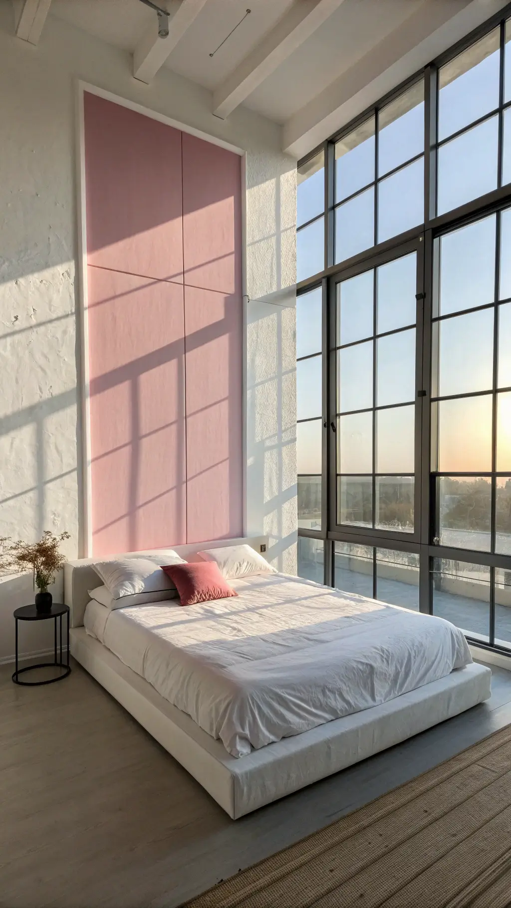 Minimalist bedroom with sunrise view, white decor, pink accent wall, and low-profile bed adorned with white sheets and pink lumbar pillow.
