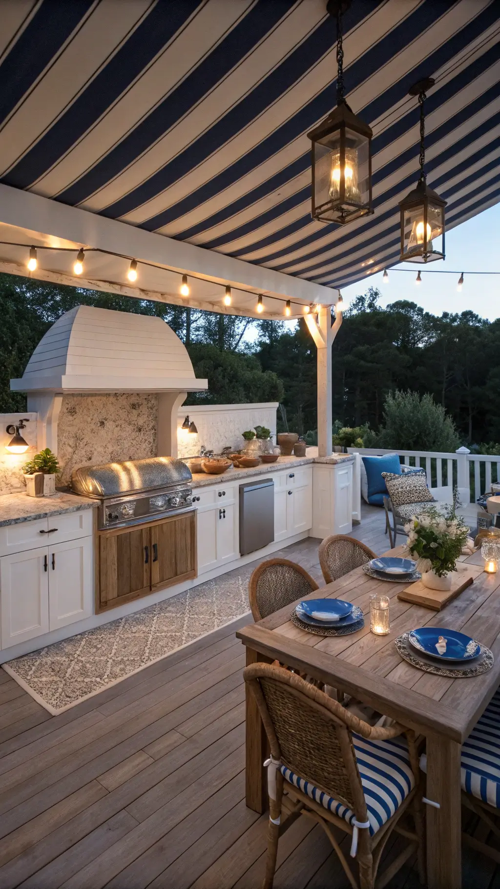 Coastal chic outdoor kitchen on an 18x24ft deck at twilight with navy and white striped awning, weathered teak cabinets, white quartz countertops, rope lighting, built-in pizza oven with mother of pearl tile, rattan pendant lights, brass fixtures, and a bleached wood dining set with blue hurricane lanterns, viewed from an elevated position showcasing the full layout in cool evening tones with warm accent lighting.