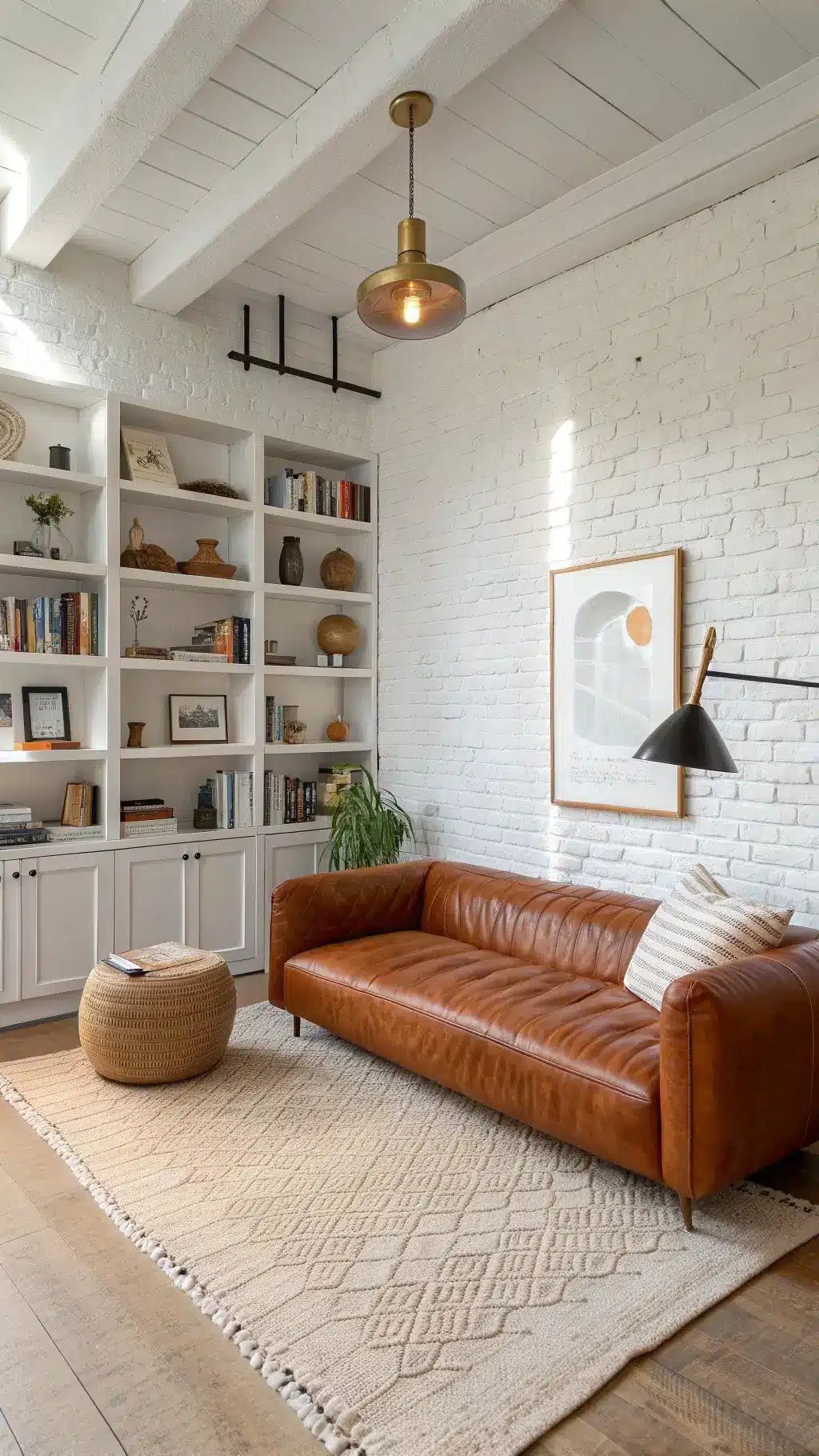 Bright 22x24ft corner space during morning light with white painted brick wall displaying curated ceramics and art books on built-in shelving, a curved cognac leather sofa against a beige geometric wool rug, minimal brass pendant lights producing a warm glow, captured in a wide-angle lens for full room context, creating a fresh and energetic atmosphere.