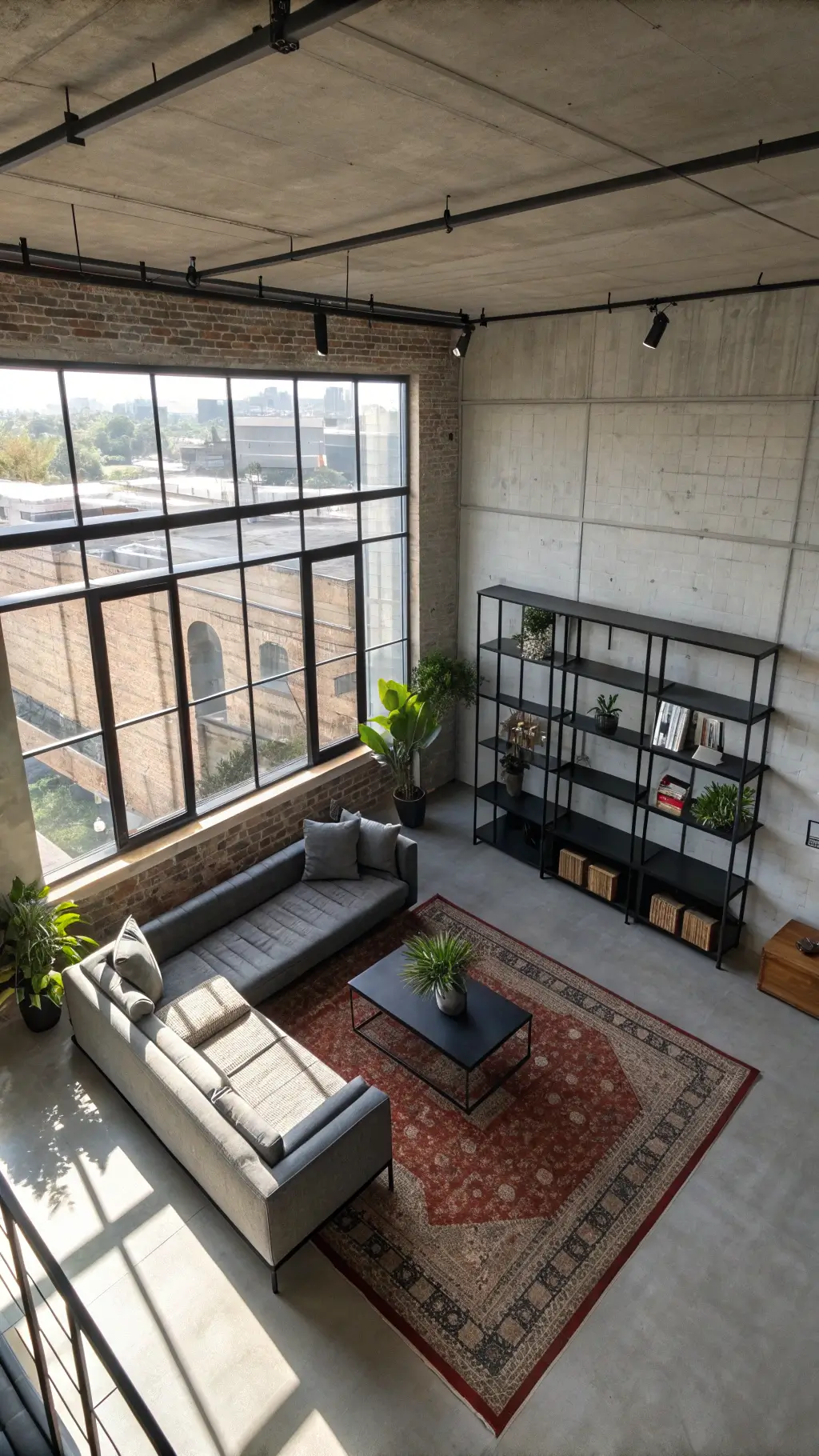 Aerial view of a contemporary 24x28ft space featuring industrial design with an exposed concrete ceiling, black-framed windows, and afternoon light creating geometric shadows. The room is furnished with a modular gray sectional, black metal shelving with trailing plants, and warmed by a vintage Persian rug.
