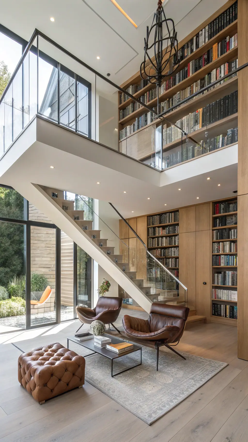 Bright, intellectual space with floor-to-ceiling bleached oak bookshelf, floating staircase with glass railings, modern leather sling chairs, a chunky woven pouf, and a statement chandelier during midday sun.