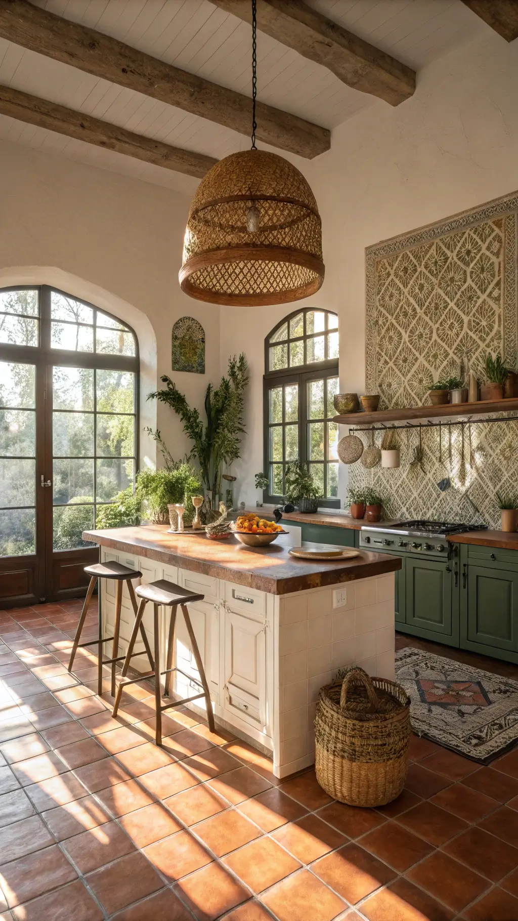Sunlit Afrohemian kitchen with terracotta floor, rattan pendant light, rustic wooden island, geometric patterned walls, and vintage copper cookware, accented with woven baskets and trailing plants.
