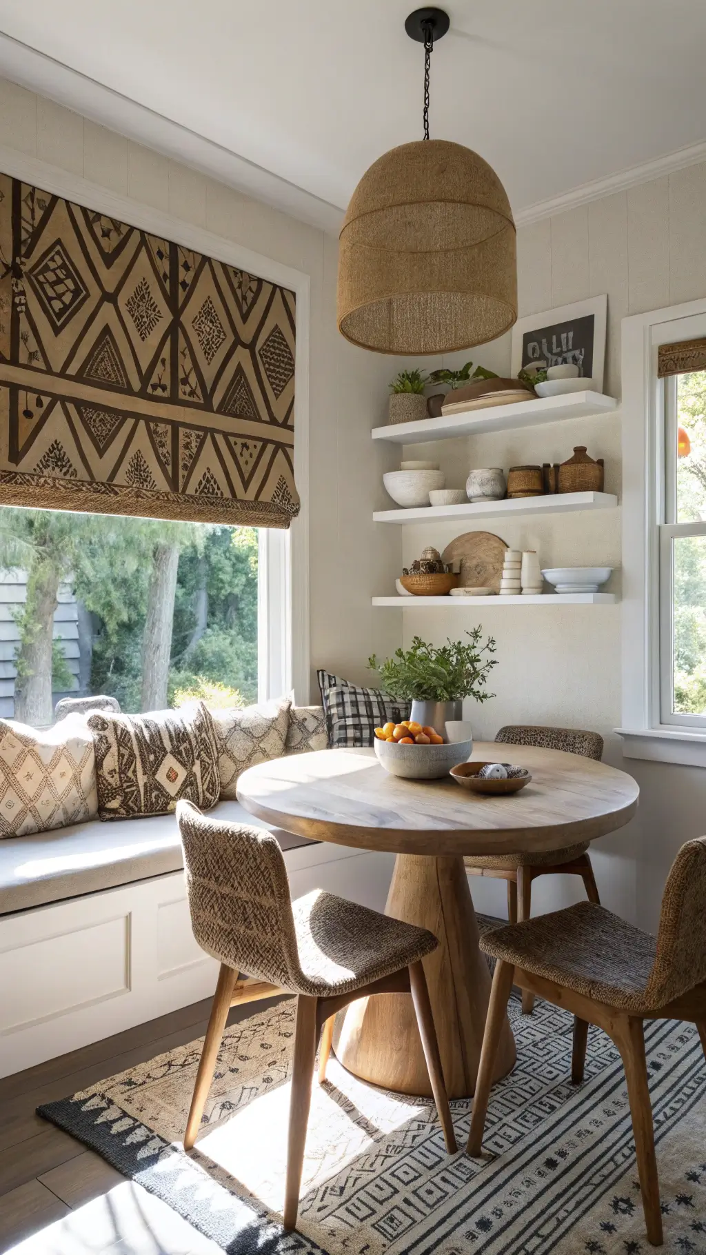 Cozy modern Afrohemian dining nook bathed in afternoon light with tribal-print roman shade, round wooden table, mixed-material chairs with mudcloth cushions, floating shelves with earth-toned ceramics, and jute pendant lamp. Viewed from a 45-degree angle.