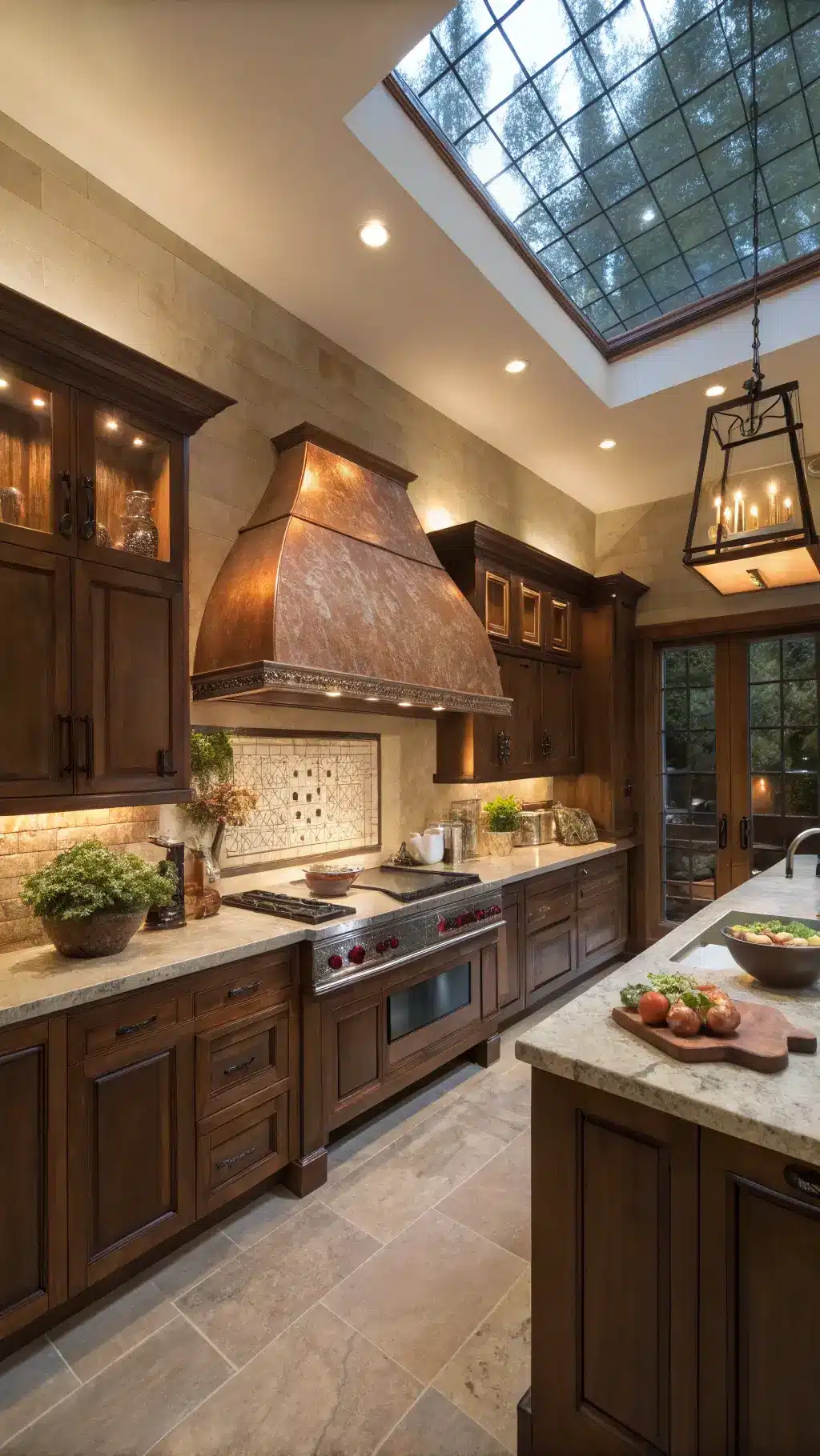 Afrohemian style chef's workspace with 12ft high ceiling, warm LED lights, copper range hood, walnut wooden cabinets, handwoven baskets, smooth soapstone counters, and accessory details shot at golden hour