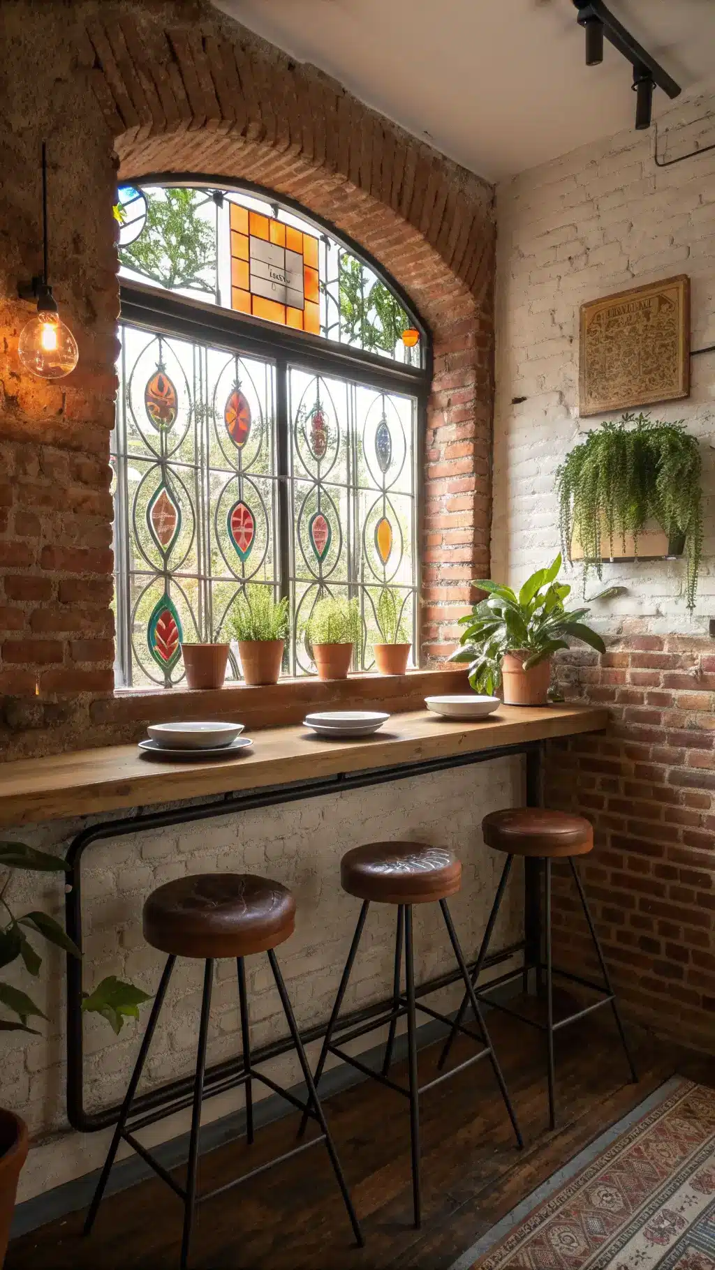 Afrohemian styled breakfast bar in a 6x8ft alcove featuring an exposed brick wall, vintage stained glass panel allowing mid-morning light to stream in, and three barstools with mud cloth throws at a floating wooden counter. Above hangs a collection of handmade ceramic plates in earth tones, with trailing plants framing the window. Captured from a low angle to emphasize height.