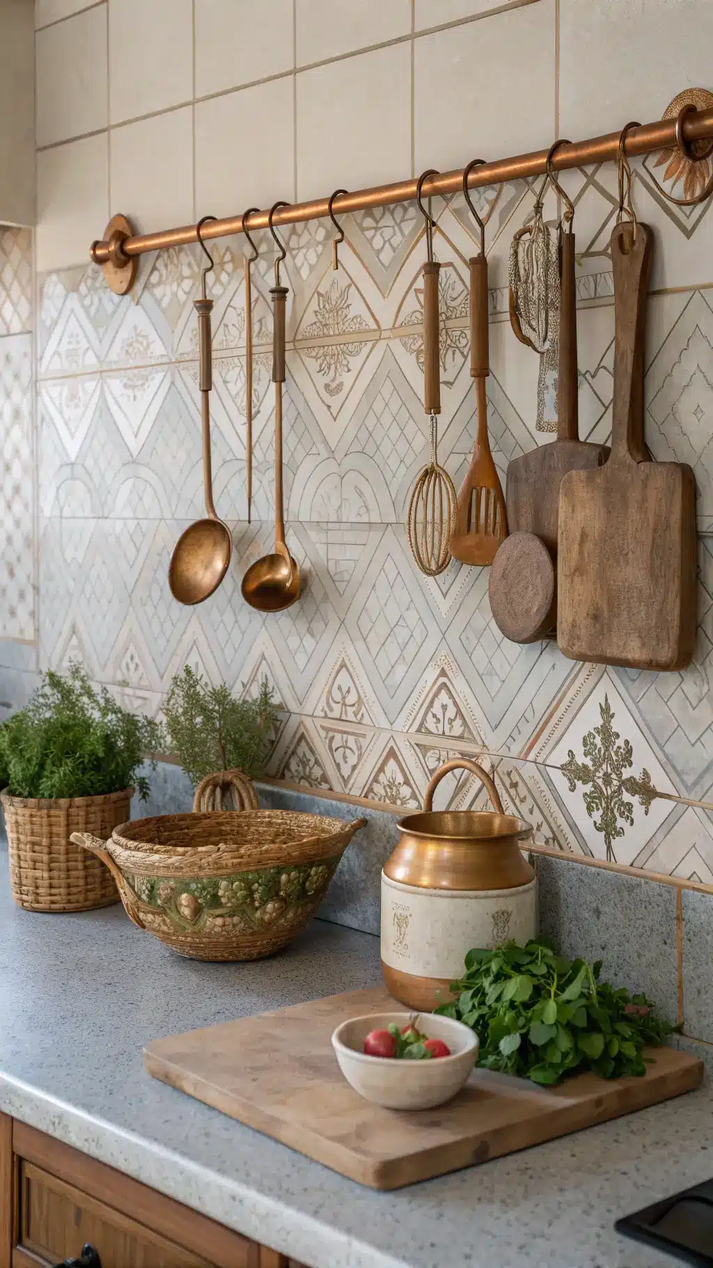 Afternoon light highlighting artisanal kitchen detail with patterned tile wall, copper utensil rack, handcrafted spoons, soapstone counter, and handwoven baskets with fresh herbs