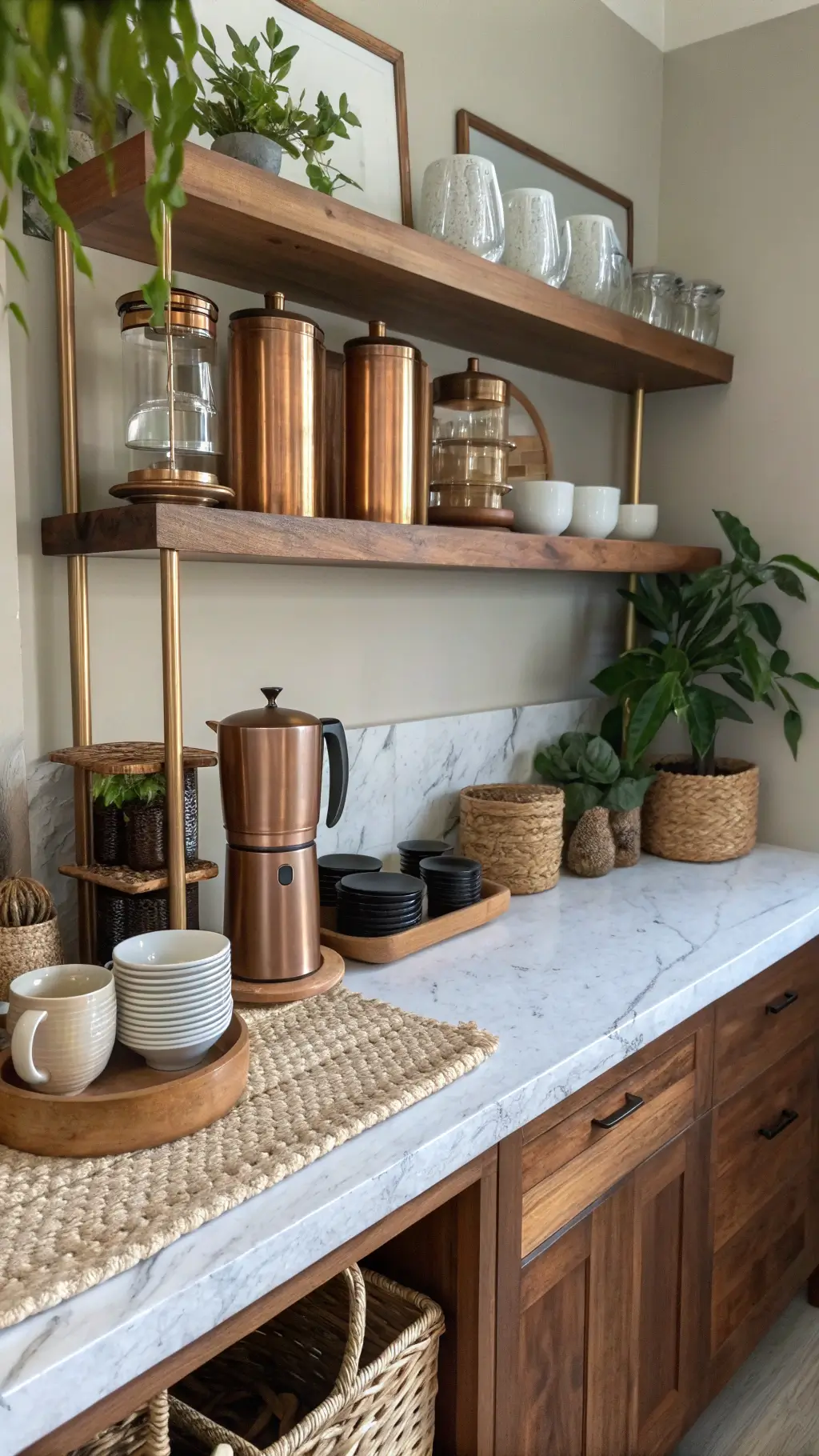 A serene Afrohemian Coffee Station at dawn light showcasing global coffee vessels on wooden shelves, copper pour-over setup on a marble counter surrounded by ceramic mugs, and a snake plant, shot at eye level.