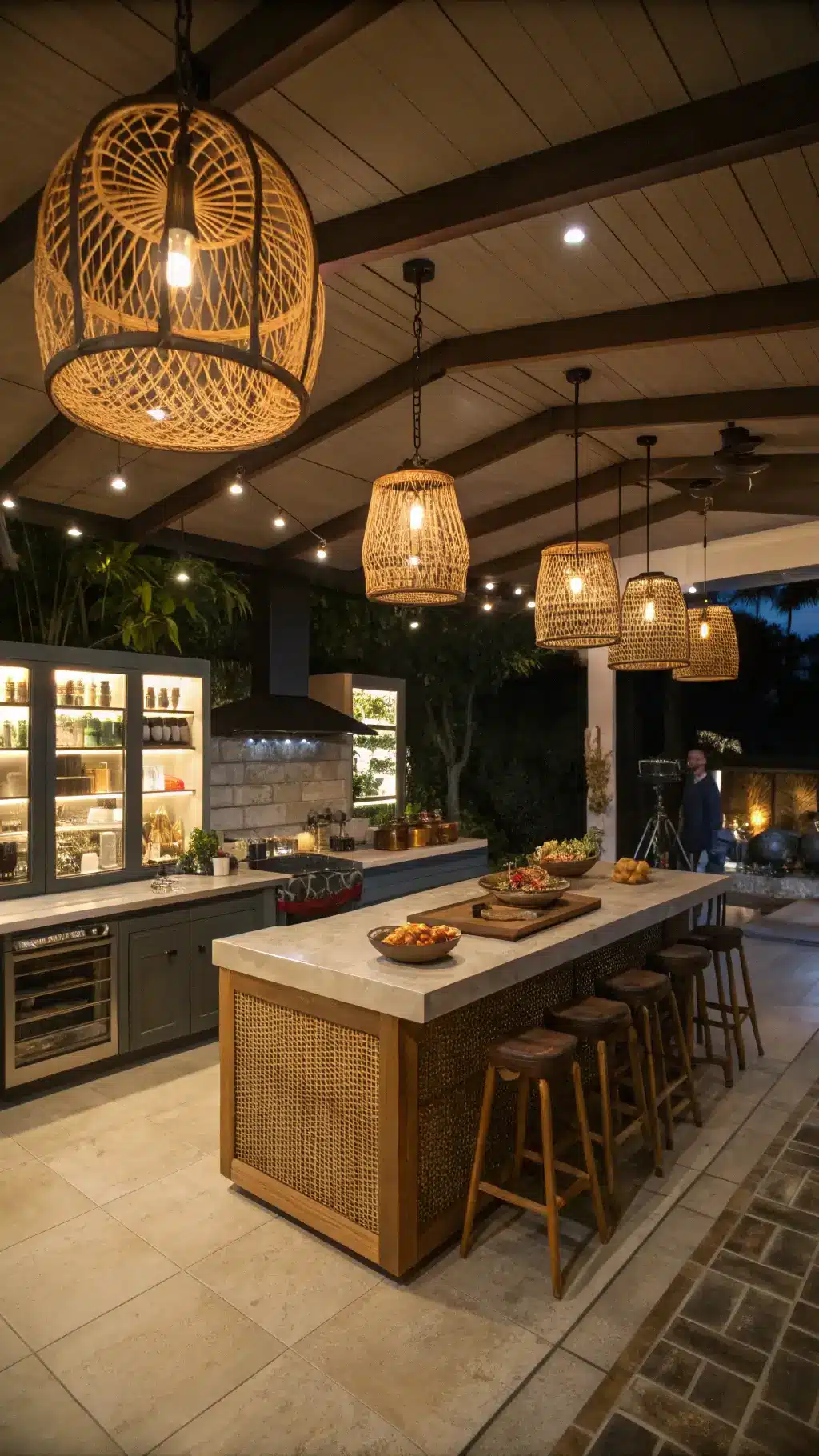 Dramatic and social 10x12ft open kitchen space with ambient lighting emanating from rattan pendants and a large wooden charcuterie board on the island with ceramic and brass pieces, surrounded by floor-to-ceiling shelving displaying collected artifacts, photographed from a low camera angle.