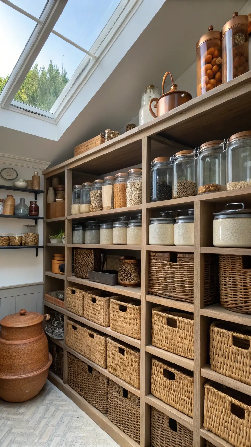 Afrohemian pantry with open shelving system, woven baskets, glass jars with wooden lids, and handmade pottery under a skylight, with hanging copper measuring cups, shot to emphasize grid pattern.