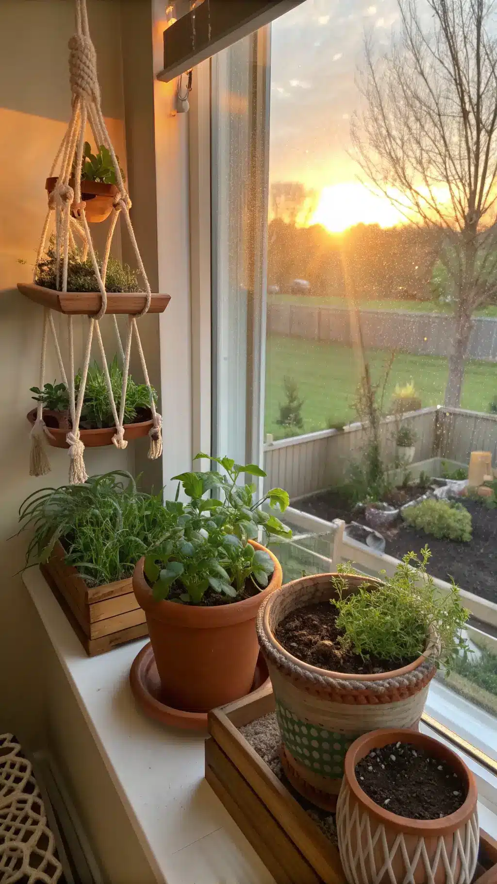 Sunrise illuminating herb garden in terracotta pots on wooden plant stands in a kitchen window, with macramé hangers and light-catching vessels adding decor, featuring a detailed view of morning dew