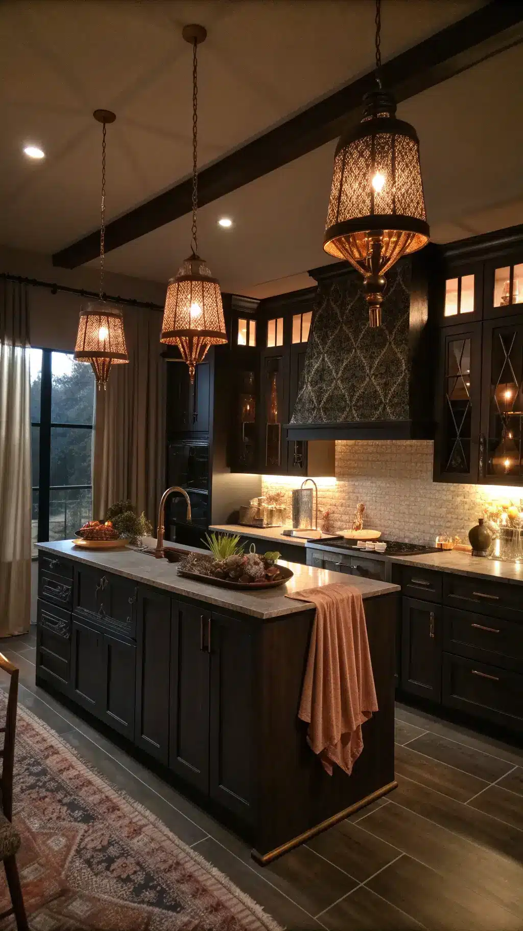 Intimate and sophisticated evening kitchen scene with dramatic pendant lights casting warm illumination over work areas, copper accents reflecting light, and dark wooden cabinets fading into shadows; shot from the corner to capture the interplay of light.