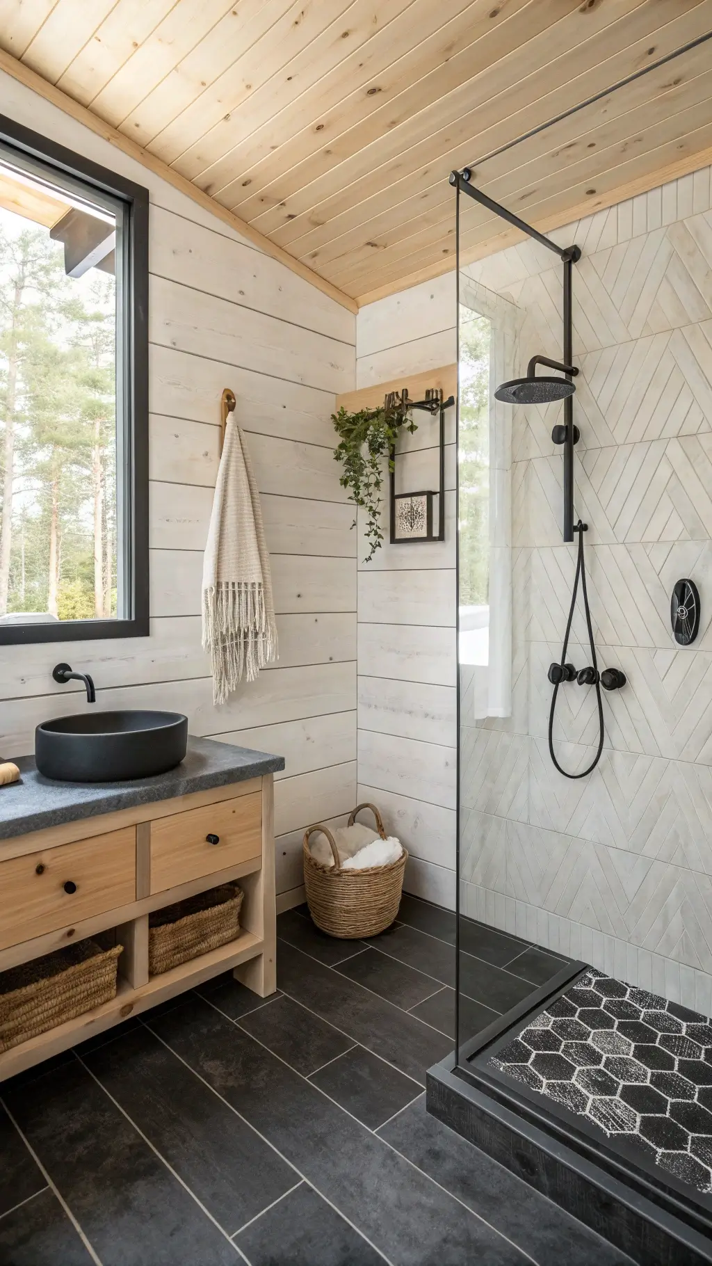 Bright, airy Nordic-inspired wet room with white-washed pine walls, black stone floor, minimalist glass shower, concrete vanity with wooden sink, macramé wall hanging, and eucalyptus bundle hanging from shower head.