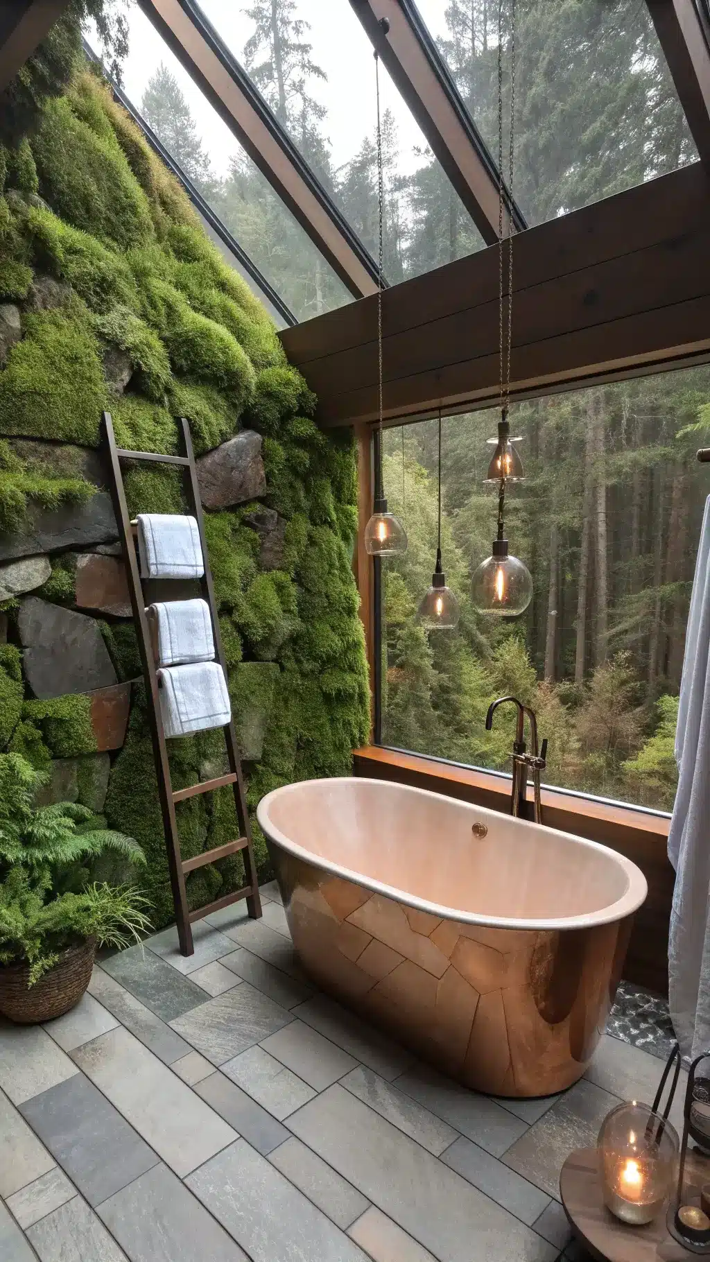 Aerial view of a forest-inspired wet room with moss wall, copper tub, stone shower floor, glass ceiling and vintage ladder with Turkish towels.