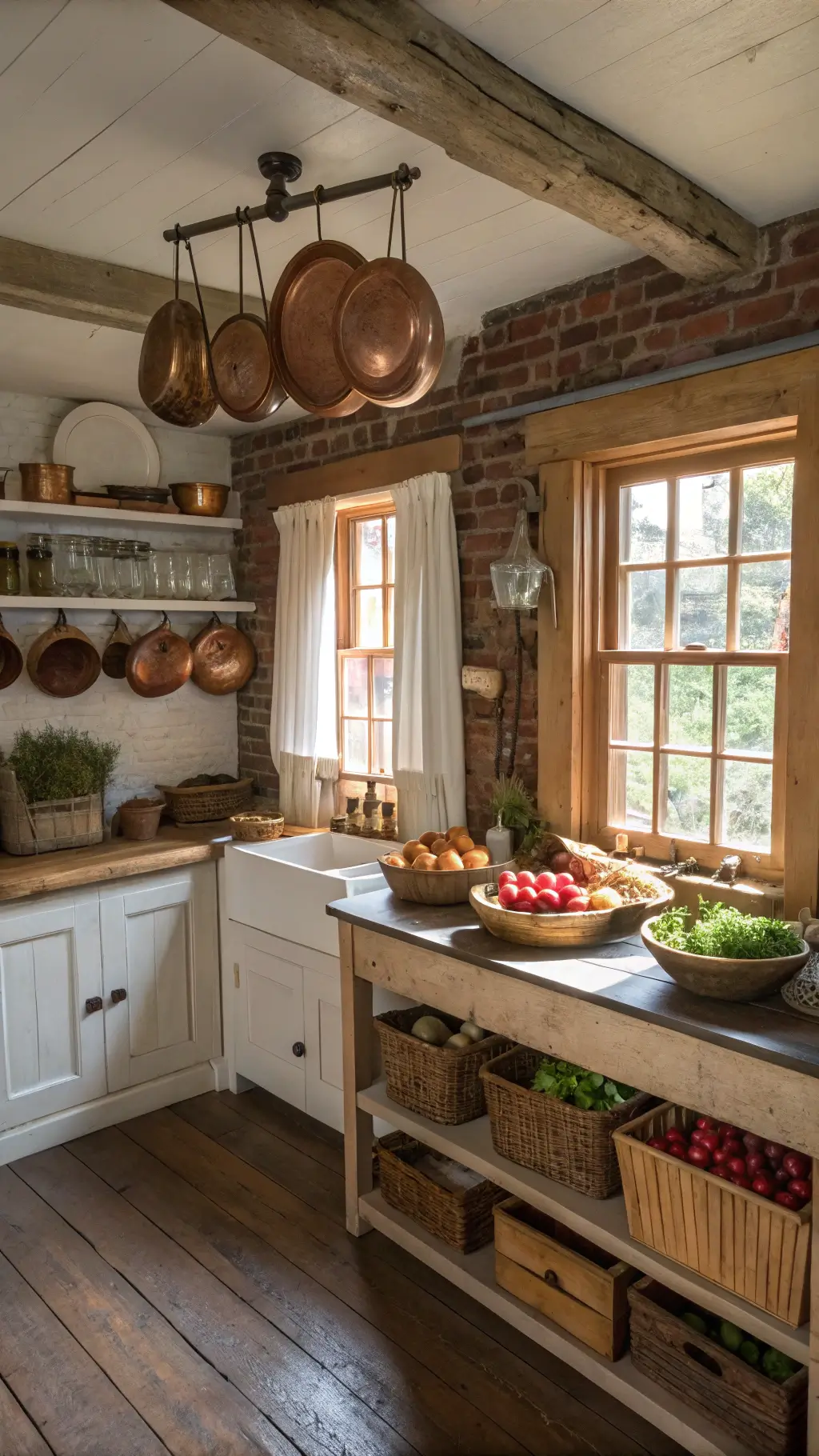 Rustic country kitchen with pine floors, exposed brick wall, vintage copper pots, farmhouse sink under a window with natural linen drape, open shelving with earthenware, and wooden bowls and fresh market produce in baskets, in colors of aged brick red, natural wood, copper, and sage green.