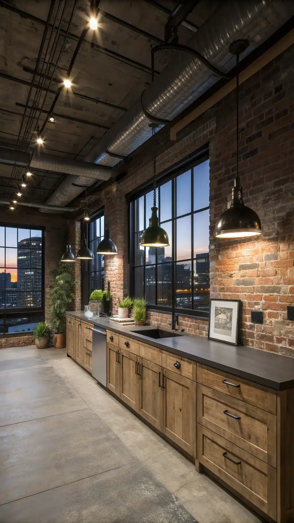 Elevated view of a spacious 18x22ft industrial loft kitchen with exposed brick walls, steel beams, reclaimed wood cabinets with black steel pulls, zinc countertops, and an herb wall. Evening light mingles with industrial pendant lighting. Factory windows provide a city view. Colors include rust, charcoal, weathered wood, and bronze.