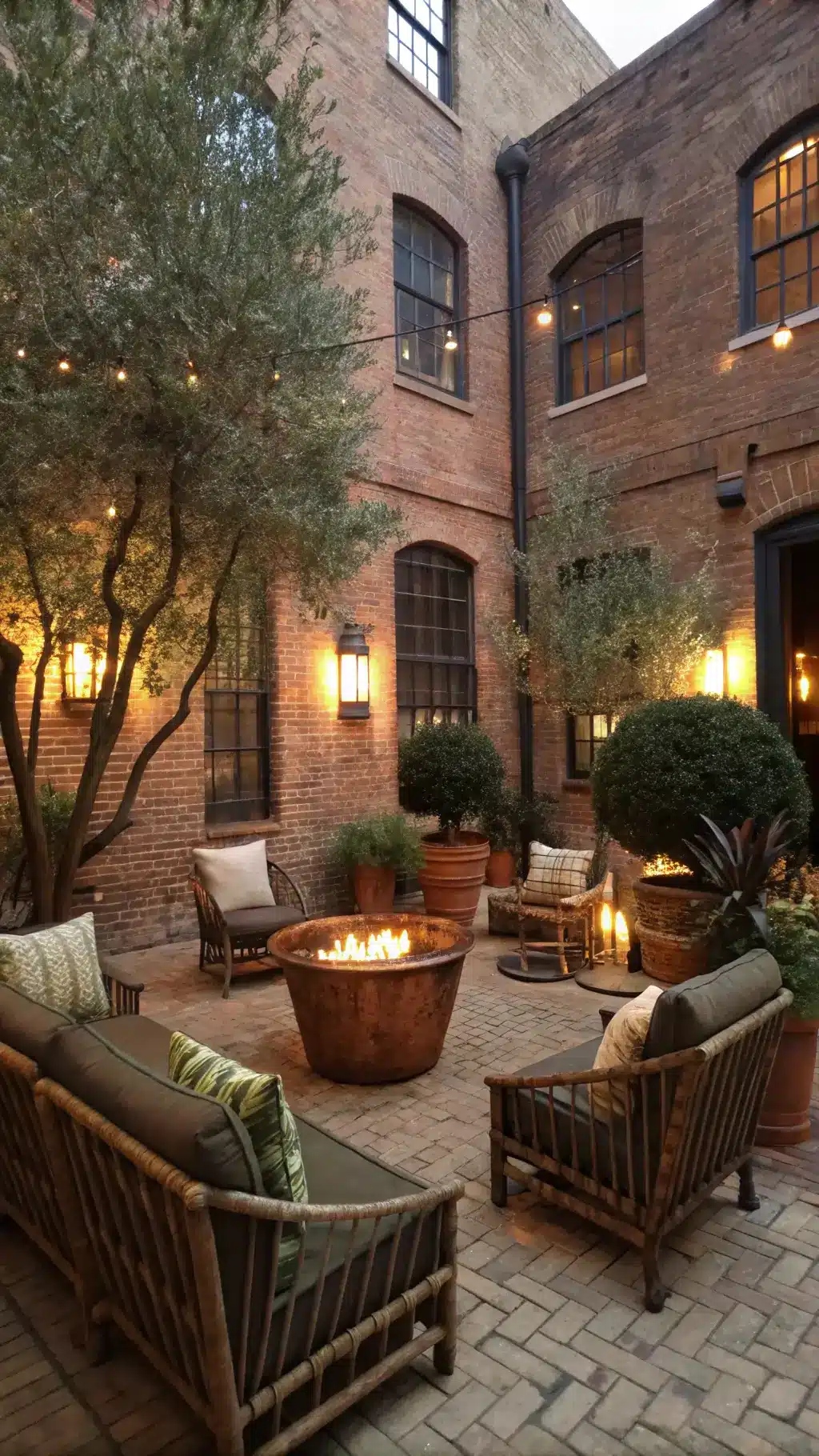 Evening gathering in brick-walled courtyard with warm copper, ivory, olive, terra cotta decor, vintage rattan and upholstered seating, copper fire bowl centerpiece, oversized hurricane lanterns with rope handles, and potted olive trees.
