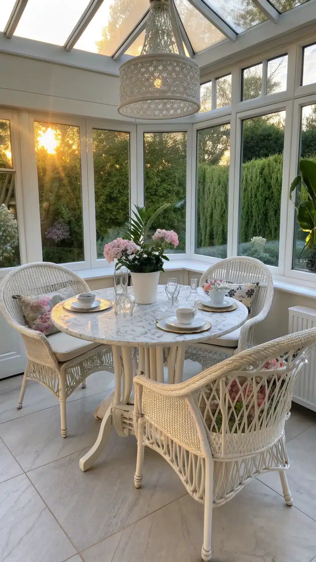 Sunrise in a 12x15ft breakfast garden room featuring a round marble bistro table with vintage linen, silver coffee service, cut crystal glasses, and potted orchids on rattan peacock chairs with silk cushions, lit by strong directional morning light through windowpanes.