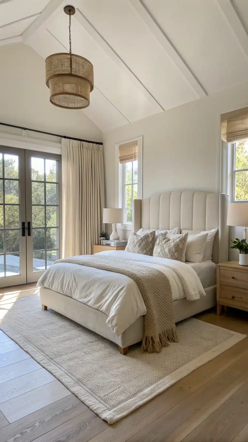 Sunny 14x16ft bedroom with tall ceilings, low-profile upholstered bed in oatmeal linen with creamy bedding, and sheer curtains casting warm light on pale oak floors, flanked by ceramic lamps and bleached wood nightstands.