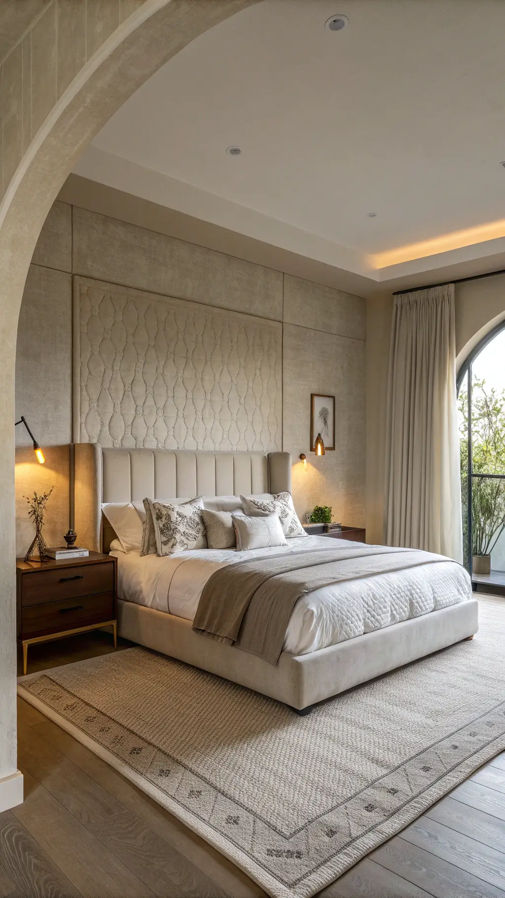 Modern minimalist bedroom at dawn, featuring a platform bed in greige bouclé fabric against a light taupe wall, white sheets, sandy duvet, neutral Euro pillows and a brass floor lamp.
