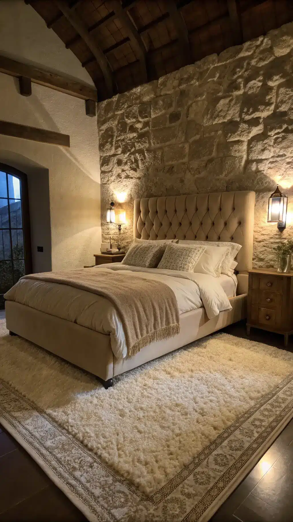 Luxurious 10x12ft bedroom at dusk with a warm mushroom velvet bed, stone-colored silk sheets, ivory coverlet, linen down duvet, brass sconces, and limestone-painted walls, captured from a low angle at the foot of the bed.