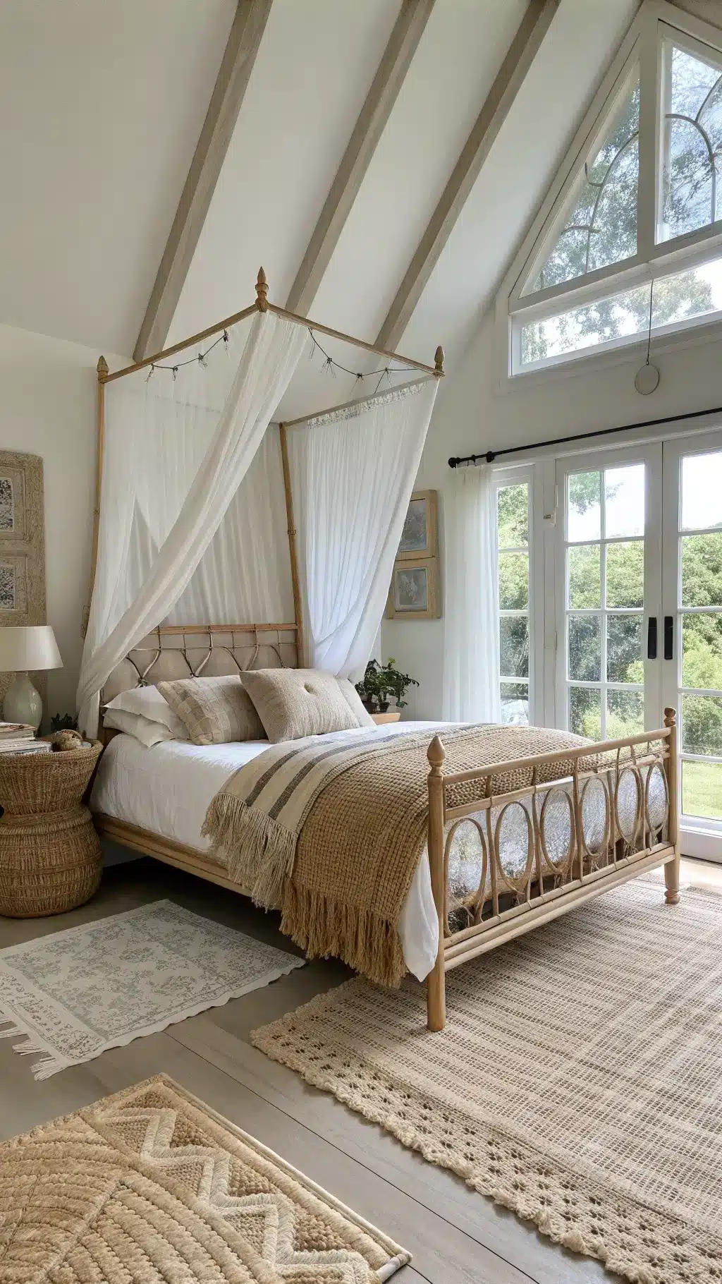 Morning-lit airy corner bedroom with high cathedral ceilings, rattan bed draped in white canopy, beige linen and hand-knit throws, with layered rug and vintage Persian carpet arrangement