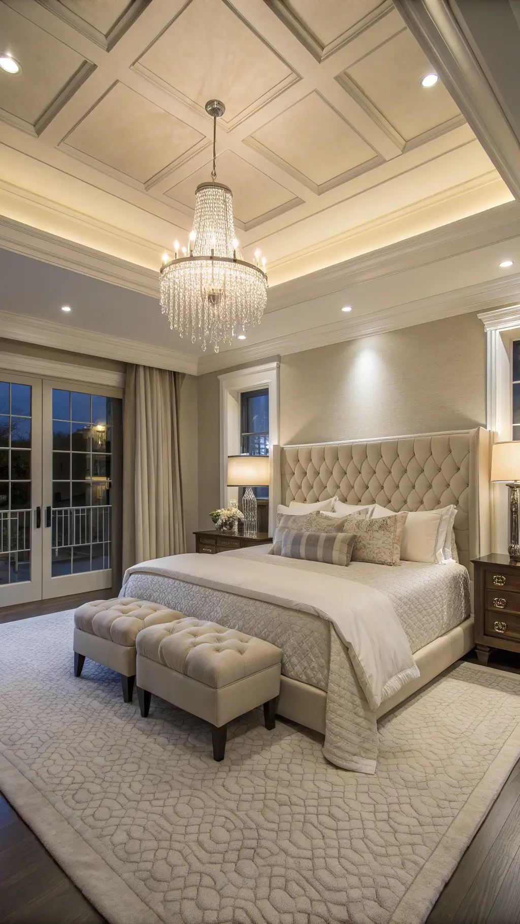 Elegant master bedroom at twilight, featuring tray ceiling detail, king-sized champagne silk upholstered bed under a crystal chandelier, pearl-gray sateen sheets, ivory quilted coverlet, cloud-white duvet and matching benches at foot of bed, captured in a wide-angle shot.