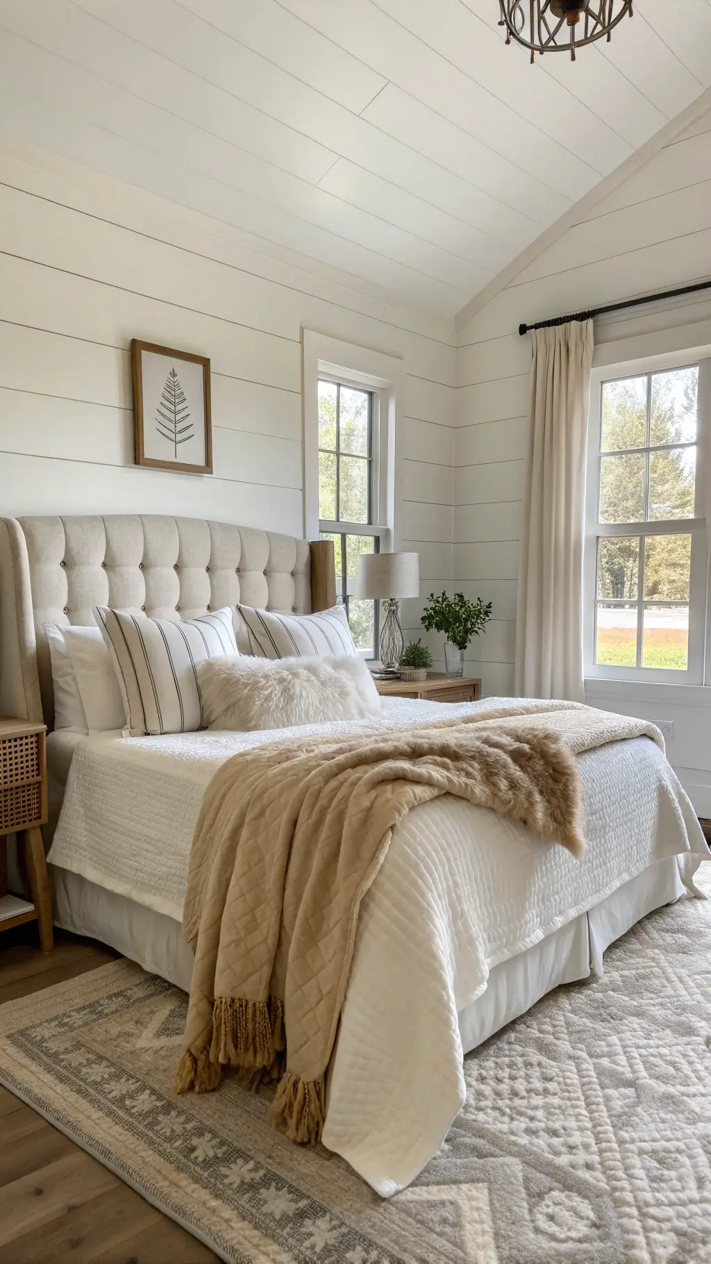 Serene guest bedroom with cream shiplap walls, natural Belgian linen bed, layered bedding, and whitewashed wood accents bathed in afternoon light.