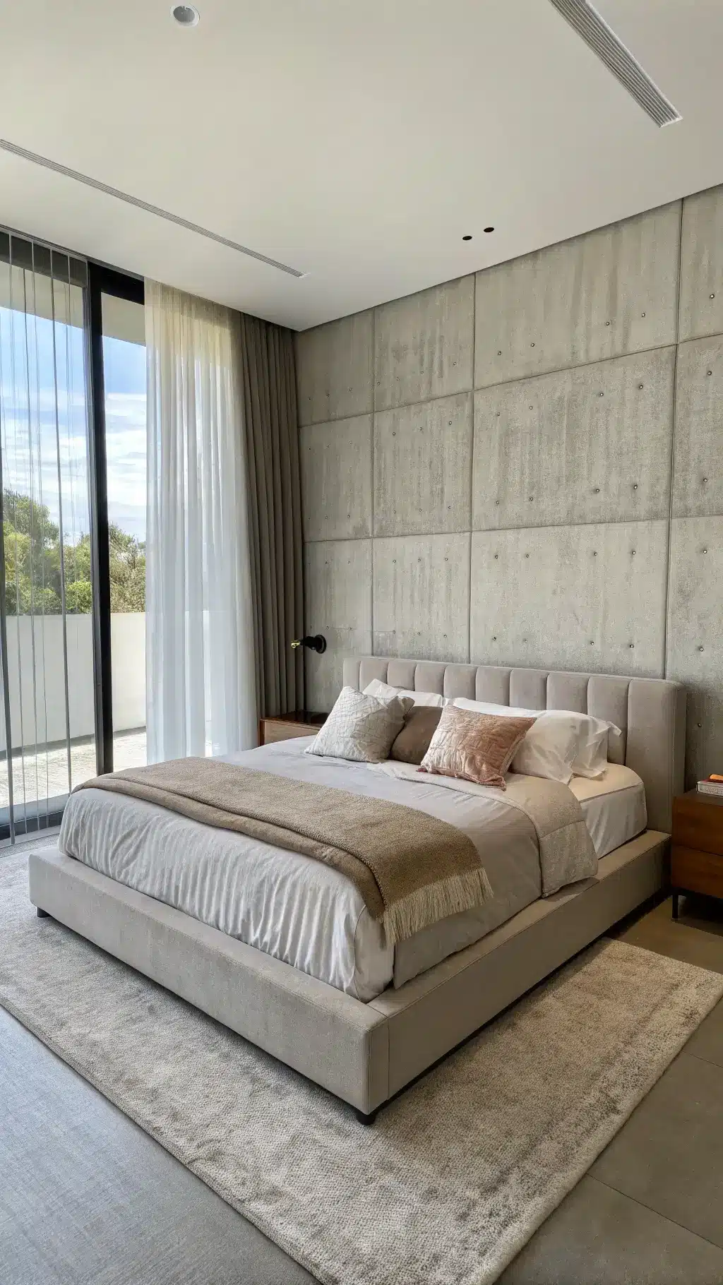 Contemporary primary bedroom with greige velvet platform bed, minimalist warm white bedding, concrete-effect feature wall, and dramatic windows with sheer ivory drapes at midday