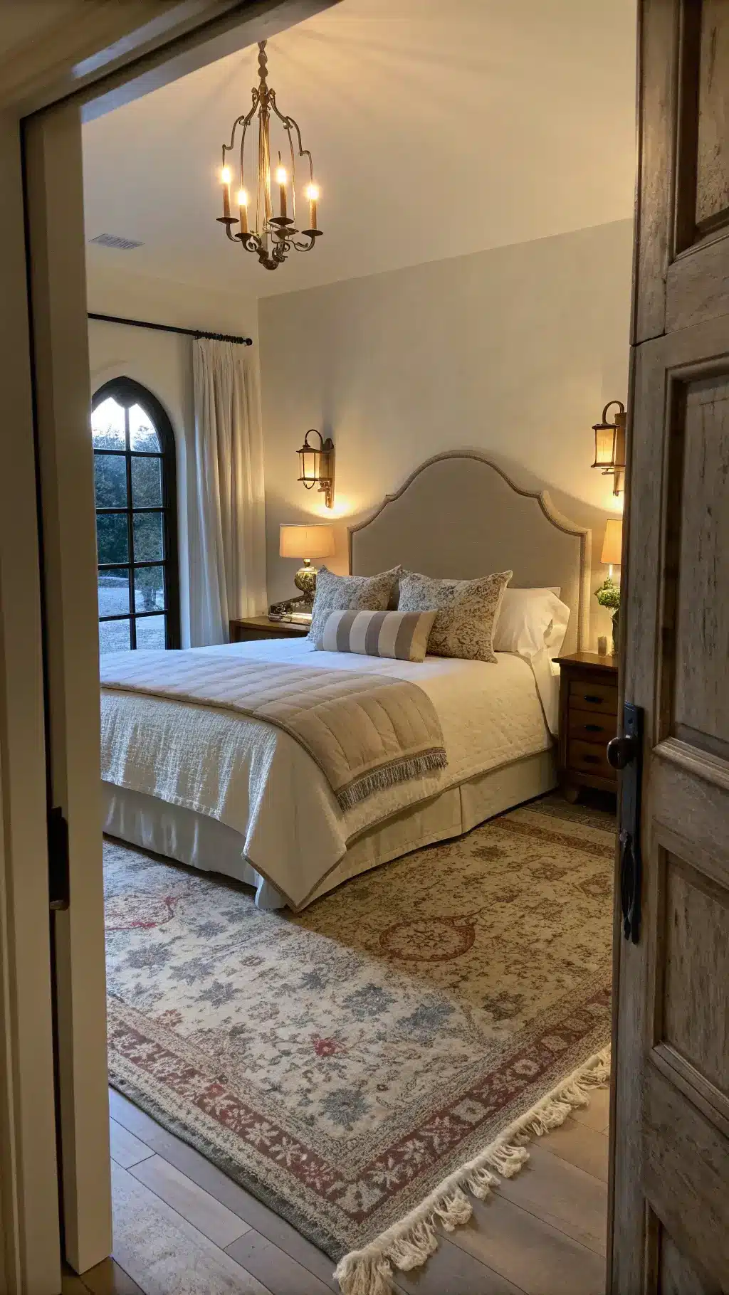 Moody 11x13ft bedroom with traditional bouclé fabric headboard, vintage washed linen bedding, antiqued brass sconces, and distressed Persian rug during blue hour.