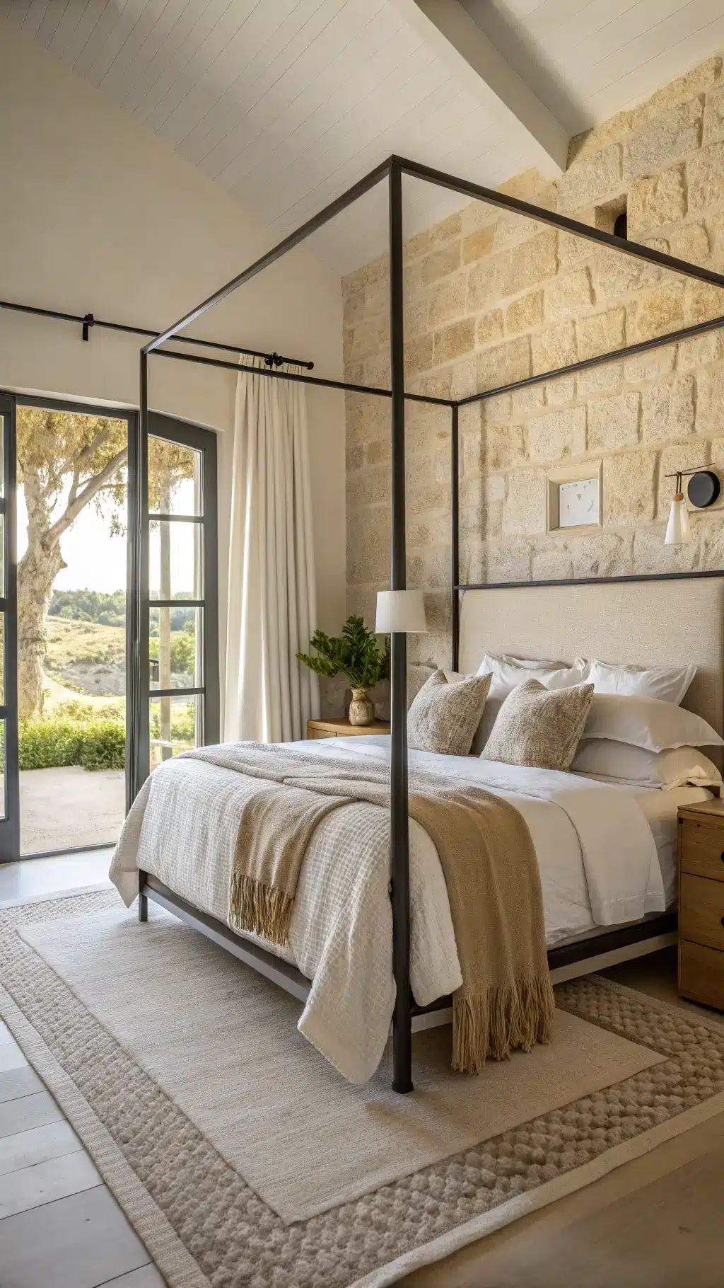 Morning golden hour in a luminous 13x15ft bedroom featuring a modern matte chalk-finished metal canopy bed, adorned with cloud-white cotton sheets and complemented by chunky knit throws in ivory and sand as well as oversized linen shams, set against a backdrop of textured limestone-effect wallpaper.