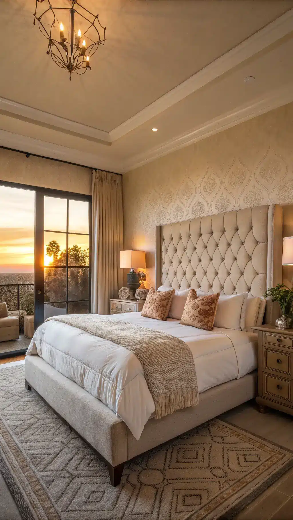 Luxurious 14x16ft primary bedroom with a tufted bed in warm greige fabric, white sateen bedding, ivory cashmere throws, decorative neutral pillows, and Venetian plaster walls, shot at sunset with dramatic side lighting.