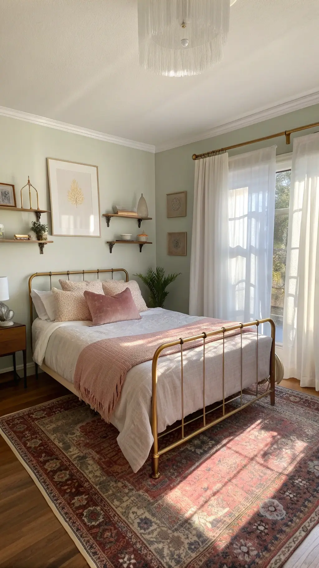 Sunny 8x10ft guest room in boutique hotel with sheer white curtains, plush brass-framed daybed, and sage walls adorned with floating walnut shelves and abstract artwork, crafted with layers of ivory linen, dusty rose velvet, and hand-knotted Persian rug.
